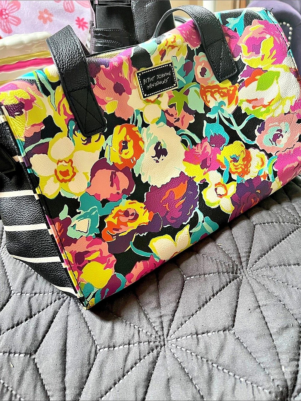 Betsey Johnson Floral Stripe Satchel Floral Tote in Black & Multicolor